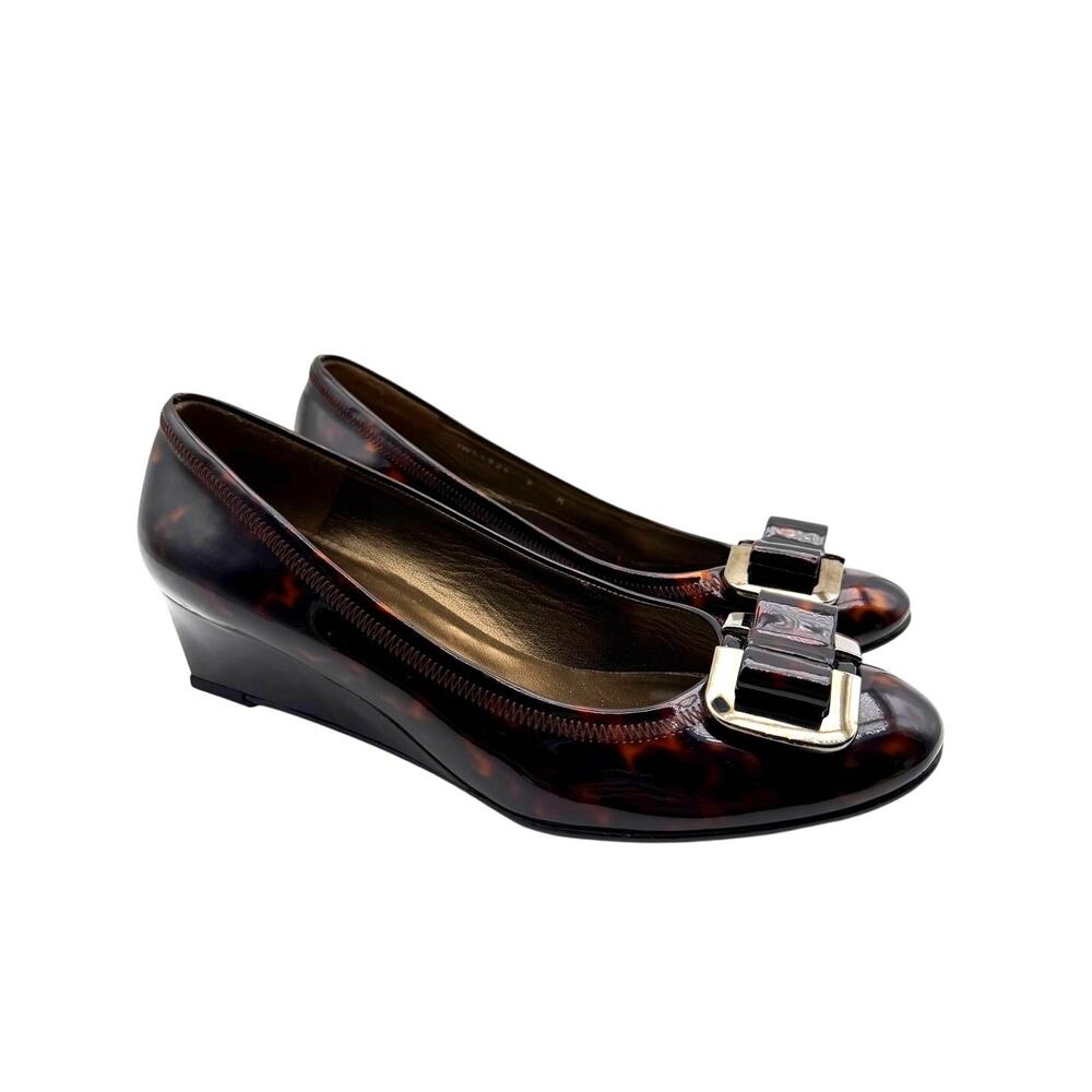 Stuart Weitzman Patent Leather Tortoise Bow Wedge Pumps Women's Size 9 M